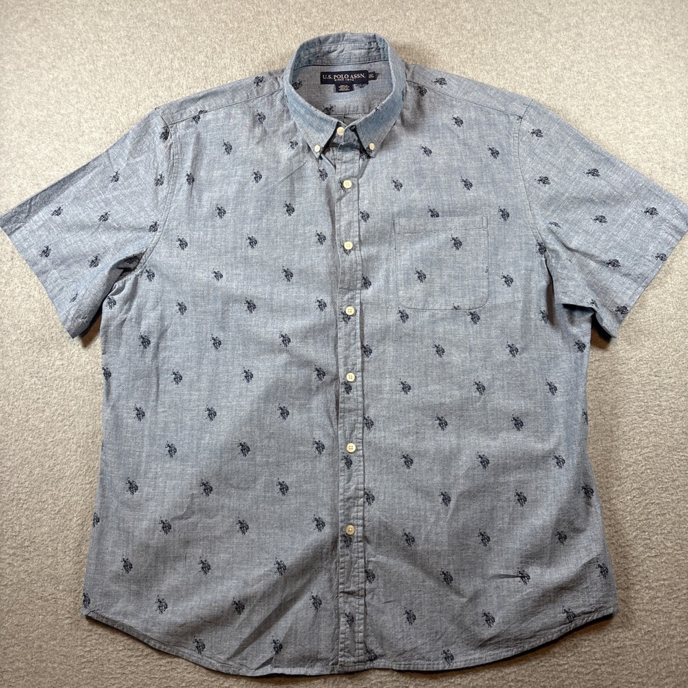 US POLO ASSN Men's Blue 2XL Short Sleeve Button Down All Over Print Preppy